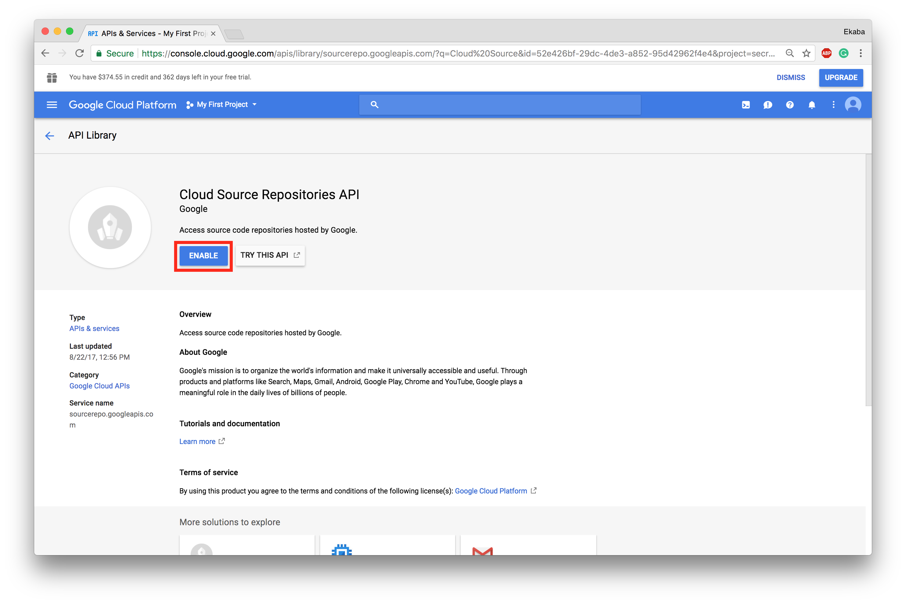 Enable Cloud Source Repositories API.